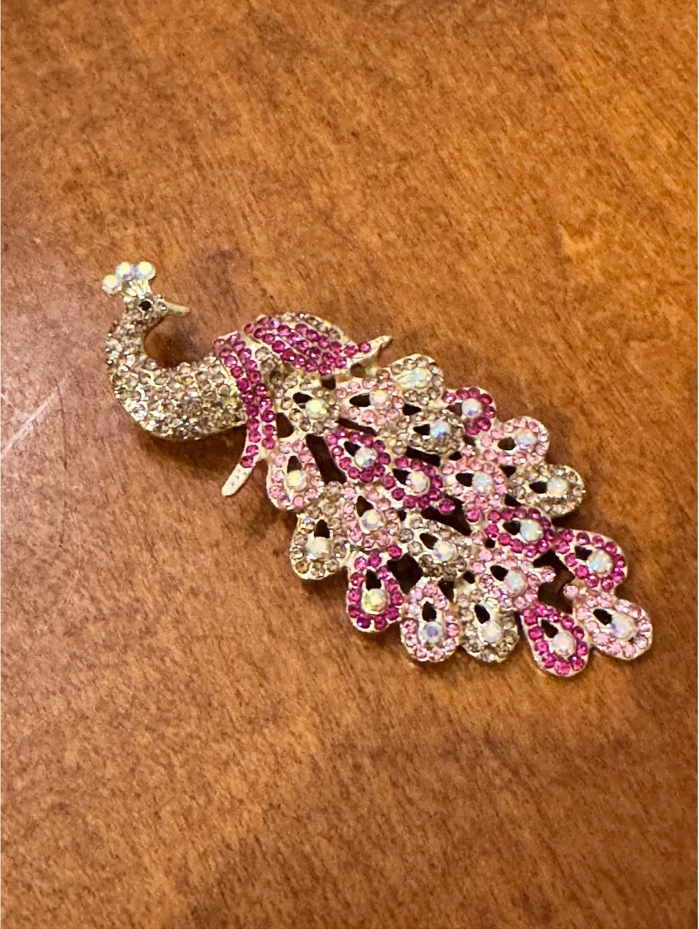 Elegant Gold Tone Peacock Brooch with Pink and Clear Rhinestones 612